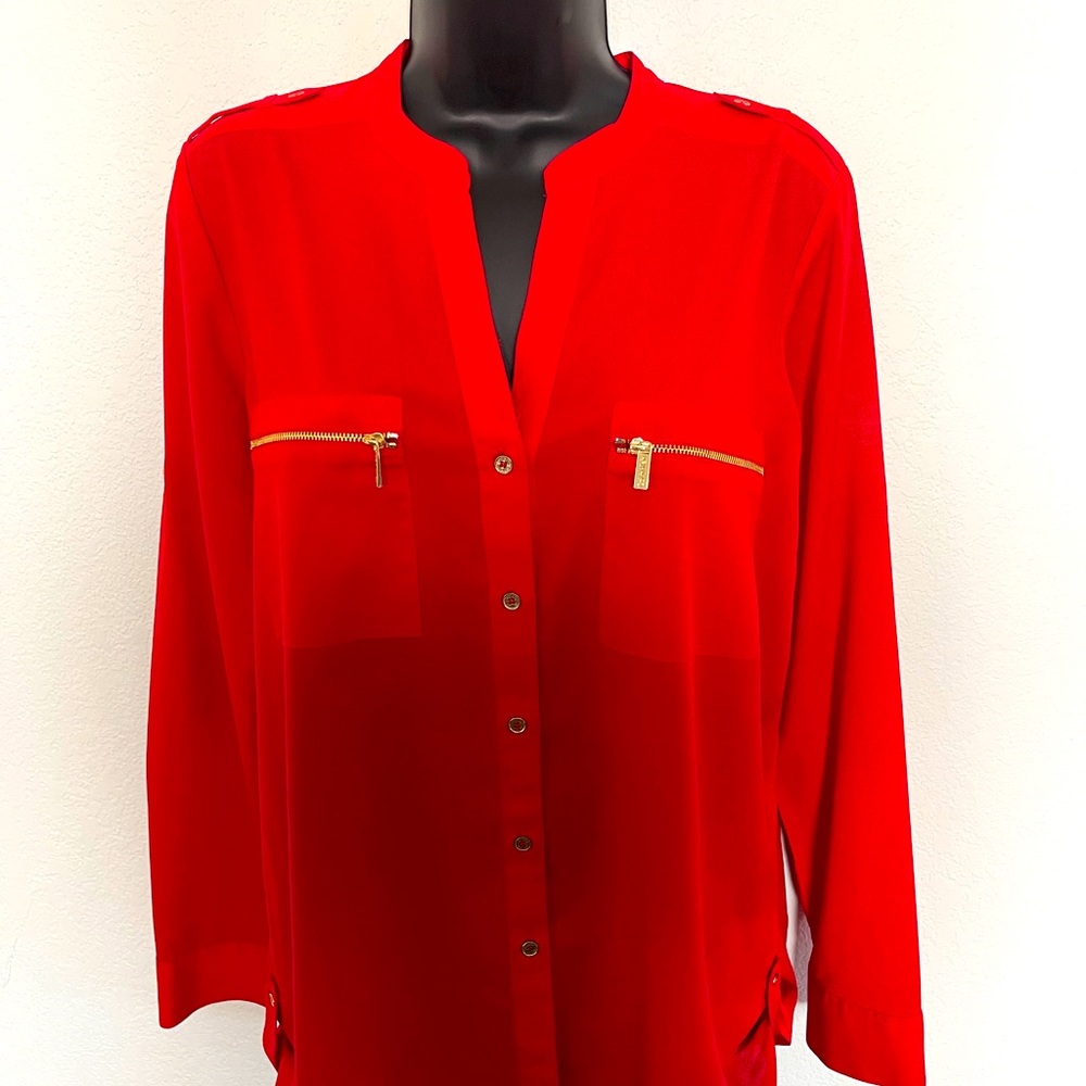 Red Calvin Klein Roll Tab Sleeve Blouse - Size M